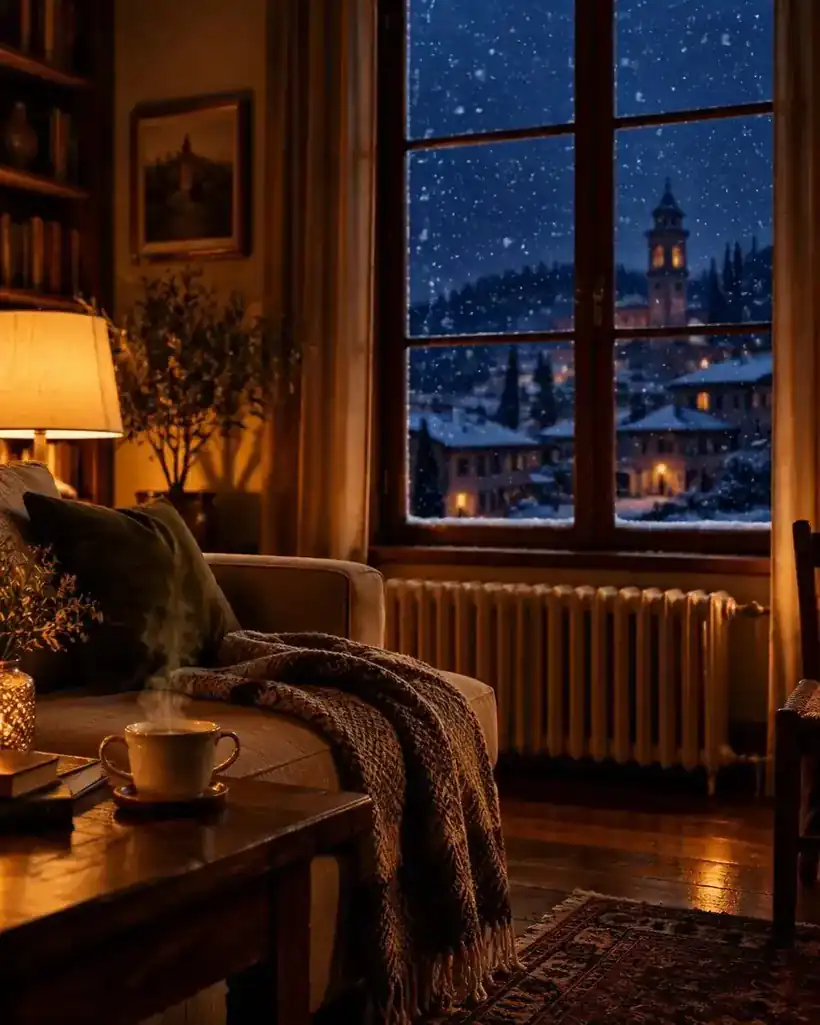 Salotto caldo di sera con la neve fuori dalla finestra
