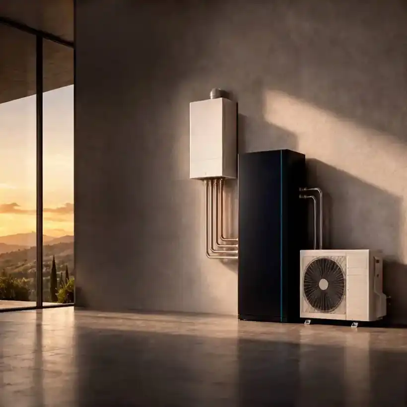 Locale tecnico con caldaia, modulo NEXORA CORE e unità esterna della pompa di calore