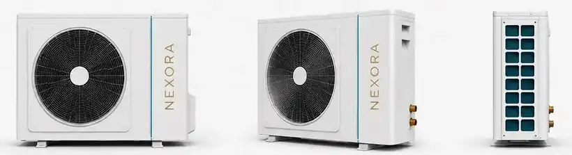 Unità esterna della pompa di calore NEXORA vista di fronte, di tre quarti e di lato